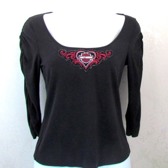 H-D LOGO HARLEY-DAVIDSON HEART TOP, S-M, BLACK 3/4 SLEEVE - Picture 1 of 4